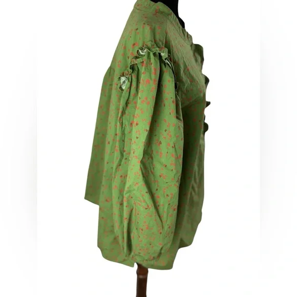 Eloquii Green Printed Button Down Shirt with Ruffle front and ruffle shoulder - Picture 10 of 13